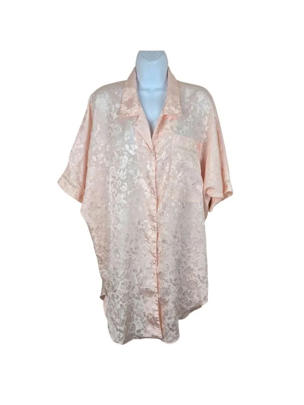 Vintage 80s Peach Floral Jacquard Satin Sleep Shirt Womens S